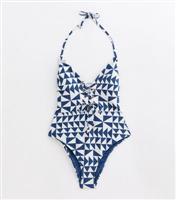 Women's Blue Geometric-Print Lace-Front Swimsuit New Look