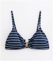 Women's Blue Textured Striped Bikini Crop Top New Look