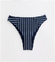 Women's Blue Textured Striped High-Waist Bikini Bottoms New Look