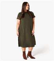 Women's Plus Size Khaki Lattice Cuff Midi T-Shirt Dress Curves Apricot New Look