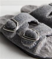 Women's Grey Faux Fur Suedette Double Strap Slippers Vegan New Look