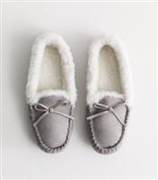 Women's Grey Bow Detail Moccasin Slippers Vegan New Look
