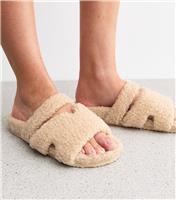 Women's Off White Borg Slider Slippers Vegan New Look