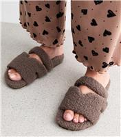 Women's Light Brown Borg Slider Slippers Vegan New Look
