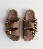 Women's Brown Borg Buckled Double Strap Slider Slippers Vegan New Look