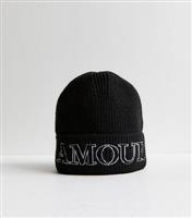 Black Ribbed Amour Embroidered Beanie Hat New Look