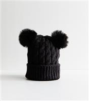 Black Double Pom Pom Cable Knit Beanie Hat New Look