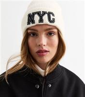 White NYC Embroidered Beanie New Look