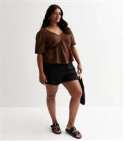 Women's Plus Size Brown Crinkle Cotton Peplum Blouse Curves New Look