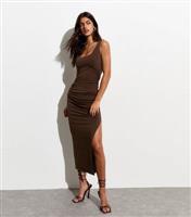 Women's Dark Brown Square Neck Midi Dress New Look