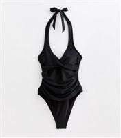 Women's Black Halter-Neck Ruched Swimsuit New Look