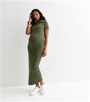 Women's Maternity Green Ribbed Open-Collar Midi Dress New Look