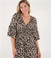 Women's Plus Size Cream Animal Print Shirred Waist Midi Dress Curves Blue Vanilla New Look