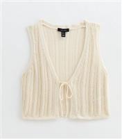 Women's Cream Pointelle Cotton-Blend Sleeveless Tie Front Waistcoat New Look