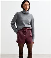 Women's Burgundy Tie Waist Faux Leather Shorts New Look