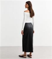 Women's Black Ruched Leather-Look Midi Skirt New Look
