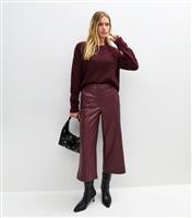 Women's Burgundy Faux Leather Wide Leg Cropped Trousers New Look