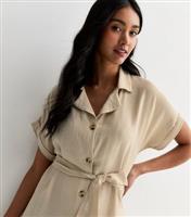 Women's Stone Short Sleeve Belted Midi Shirt Dress Gini London New Look