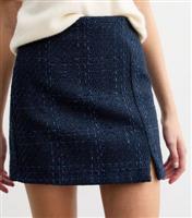 Women's Navy Slit Hem Boucl Mini Skirt New Look