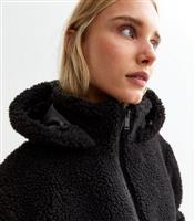 Women's Black Hoody Cropped Teddy Jacket New Look