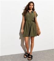 Women's Khaki Button Through Belted Mini Shirt Dress New Look