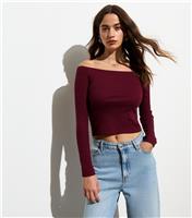 Women's Burgundy Ribbed Long Sleeved Bardot Top New Look