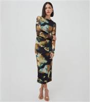 Women's Black Abstract Print Mesh Long Sleeve Midi Dress WKNDGIRL New Look