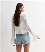 Women's White Crinkled Ruffle-Trim Long-Sleeved Top New Look