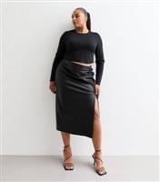 Women's Plus Size Black Ruched Leather-Look Midi Skirt Curves New Look