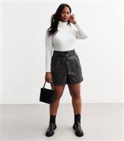 Women's Plus Size Black Tie Waist Faux Leather Shorts Curves New Look