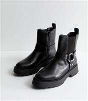 Women's Wide Fit Black Leather Look Biker Ankle Boots Vegan New Look