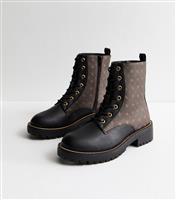 Women's Brown Monogram Panelled Faux Leather Ankle Boots Vegan New Look