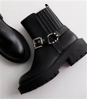 Women's Black Chunky Buckle Biker Boots Vegan New Look