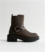 Women's Dark Brown Chunky Buckle Biker Boots Vegan New Look