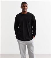 Men's Black Oversized Heavyweight Slubbed Cotton Patch Pocket Long Sleeve T-Shirt New Look
