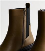 Women's Wide Fit Khaki Leather-Look Chunky Chelsea Boots Vegan New Look