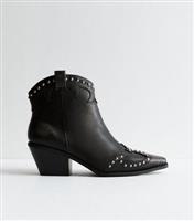 Women's Black Faux Leather Studded Cowboy Boots Vegan New Look