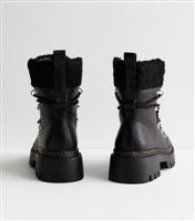 Women's Black Faux Leather Fleece Trim Chunky Ankle Boots Vegan New Look