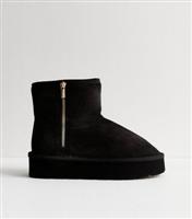Women's Wide Fit Black Zip Faux Fur-Lined Boots Vegan New Look