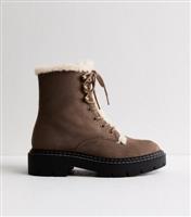 Women's Wide Fit Brown Faux Fur Lace Up Ankle Boots Vegan New Look