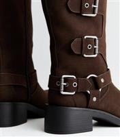 Women's Black Faux Leather Buckled Knee High Biker Boots Vegan New Look
