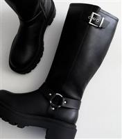 Women's Extra Calf Fit Black Leather-Look Buckled Knee-High Biker Boots Vegan New Look