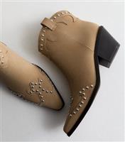Women's Tan Studded Western Ankle Boots Vegan New Look