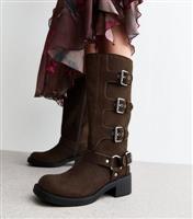 Women's Brown Buckled Faux Suede Knee High Boots Vegan New Look