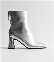 Women's Silver Wide Fit Leather-Look Heel Ankle Boots Vegan New Look