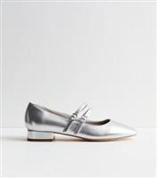 Women's Silver Double Strap Mary Jane Ballet Pumps New Look