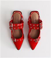 Women's Red Patent Buckled Strap Mary Jane Slingback Shoes New Look