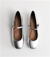 Women's Wide Fit Silver Buckle Strap Mary Jane Ballerina Pumps New Look