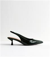 Women's Dark Green Faux Patent Leather Slingback Open Court Shoes Vegan New Look