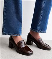 Women's Dark Burgundy Block Heel Loafer Court Shoes Vegan New Look